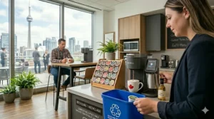 Space-saving navy blue Keurig coffee maker on a clean countertop in a shared Canadian co-working hub.