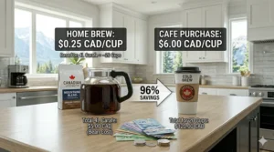 Infographic comparing the cost of using a commercial cold brew maker for home versus buying daily coffee in Vancouver or Toronto.