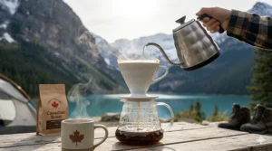 Cozy vector scene of a steaming manual pour over dripper on a windowsill, overlooking a snowy Canadian landscape.