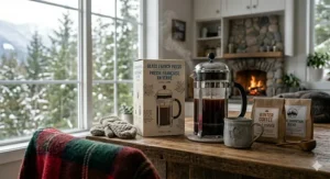 A glass French press steaming next to a wool blanket and a fireplace in a Canadian home.