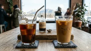 A photorealistic illustration in a Vancouver cafe showing a glass French press filled with coarse-ground coffee and water, with bilingual plaques explaining the simple two-step DIY method, demonstrating how to make cold brew at home.