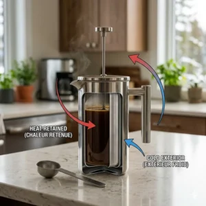 A technical cutaway illustration of a stainless steel French press showing the double-wall vacuum insulation that retains heat during cold Canadian winters.