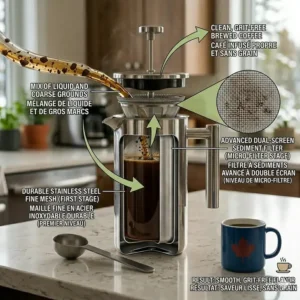 A high-detail cross-section of an advanced dual-screen sediment micro-filter inside a stainless steel French press for grit-free coffee.