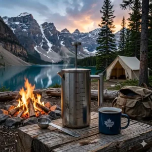 A rugged stainless steel French press at a lakeside campsite in the Canadian Rockies with a campfire and a canvas backpack in the background.