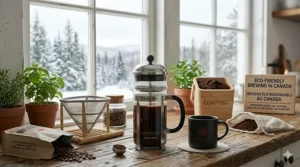 A green-themed illustration highlighting the zero-waste benefits of using a French press coffee maker without paper filters.
