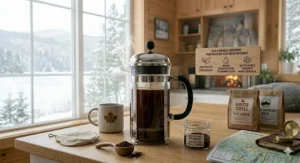 A minimalist illustration of a glass French press highlighting zero-waste coffee brewing for Canadian eco-conscious users.