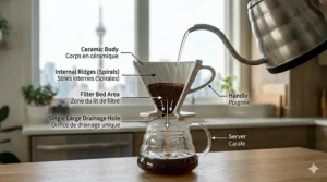 Minimalist illustration focusing on a white ceramic manual pour over dripper paired with eco-friendly reusable cloth filters.