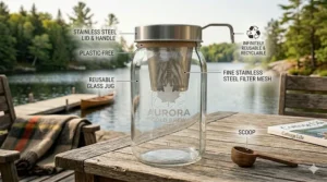 A detailed photorealistic 4K technical illustration highlighting the plastic-free, reusable glass and stainless steel components of the Aurora Mason Jar Cold Brew Kit.