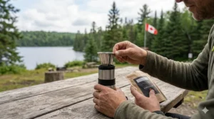 Illustration of a reusable travel single serve coffee maker filter, emphasizing sustainable coffee habits in Canadian provincial parks.