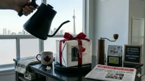 A festive illustration of an electric pour over coffee maker wrapped as a holiday gift for a Canadian coffee lover.