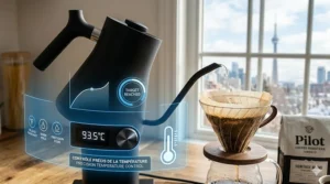 An illustration showing the precise temperature control of an electric pour over coffee maker, essential for the perfect Canadian roast.