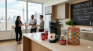 High-efficiency Keurig machine providing quick coffee for employees during a busy morning in a Canadian corporate office.