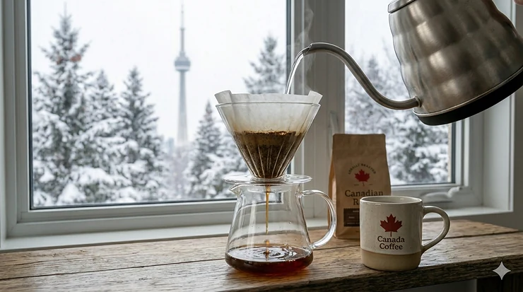 A person brewing coffee with a ceramic manual pour over dripper in a Toronto apartment kitchen, featuring a view of the CN Tower.