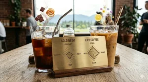 A photorealistic illustration mapping the detailed flavor profiles of cold brew and iced coffee in a Canadian cafe, displaying complex chocolate and citrus aroma notes and comparing low acidity vs. high acidity on a detailed radar chart.