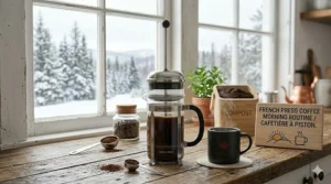 A warm illustration of a Canadian breakfast setup featuring a French press coffee maker, a maple leaf mug, and a plate of pancakes.