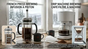 A side-by-side illustration comparing a French press coffee maker and a standard drip machine, highlighting flavor richness.