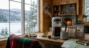 A durable glass French press being used at a lakeside campsite in Algonquin Park, Ontario.