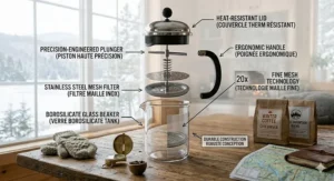 A diagram showing the heat-resistant borosilicate glass and stainless steel filter of a French press.