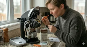 Diagram showing calcium buildup inside a Keurig water tank, a common issue in many Canadian provinces causing weak coffee.