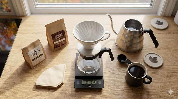 A person brewing a Hario V60 pour over in a sunlit Toronto kitchen with a view of fall colors outside.