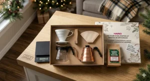 An illustration of a Hario V60 pour over starter kit, perfect for a Canadian holiday gift guide.
