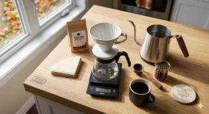 An illustrated guide for the Hario V60 pour over with instructions in English and French.