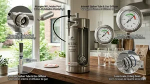 illustration-2: An infographic showing a nitro cold brew maker with bilingual labels: Infuseur à froid nitro and Nitro cold brew maker.