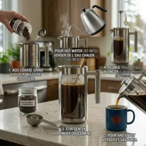 A step-by-step brewing guide showing the process of adding grounds, pouring hot water, and plunging in a stainless steel French press.