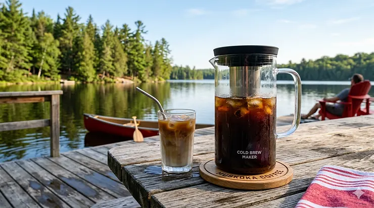 A glass of refreshing cold brew coffee with ice on a wooden table in a sunlit Canadian kitchen. how to make cold brew at home