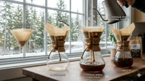 Step-by-step illustration of pouring hot water over coffee grounds in a Chemex coffee maker with a natural paper filter.