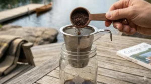 A detailed illustration showing how to carefully pour coarse Algonquin Dark Roast coffee grounds from a wooden scoop into the stainless steel filter of the Aurora Mason Jar Cold Brew Kit.