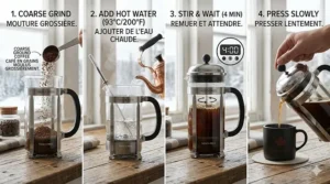 A clean diagram showing the 4-step brewing process for a French press coffee maker, labeled in English and French.