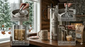 illustration-5: A step-by-step diagram illustrating how to charge a nitro cold brew maker with an N2O cartridge for the perfect velvety texture.