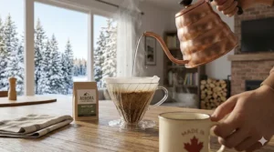 Hand pouring hot water from a gooseneck kettle into a pour over coffee maker for the perfect bloom.