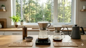 Side-by-side illustration of Kalita Wave 155 and 185 stainless steel drippers for Canadian home baristas.