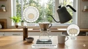 Detailed illustration showing the unique 20-wave ruffled paper filter used in a Kalita Wave coffee maker.