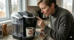 A Keurig machine on a counter with a snowy Canadian backyard visible through the window, emphasizing brewer temperature.