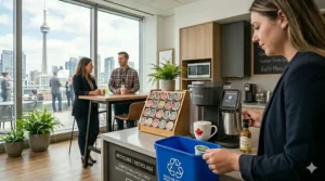 Modern Keurig K-Cafe Smart machine brewing a latte in a Vancouver tech office with premium coffee accessories.