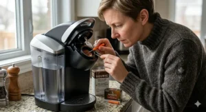 Close-up of a person using a paperclip to clean a Keurig exit needle to fix weak coffee flow issues.