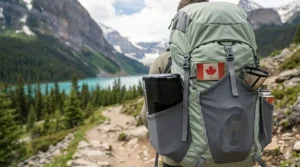 An ultralight travel single serve coffee maker tucked into a backpack side pocket next to a Canadian flag patch.