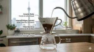 A close-up, photorealistic shot of a compact manual pour over dripper being used while camping with a view of the Banff mountains.
