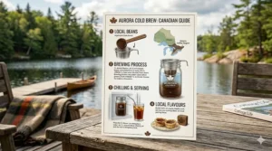 A photorealistic 4K illustration of an infographic guide titled "AURORA COLD BREW: CANADIAN GUIDE" detailing local beans, brewing process, and local pairings.