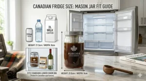 A photorealistic 4K technical illustration showing a size comparison chart of the mason jar kit fitting into a standard Canadian refrigerator door.