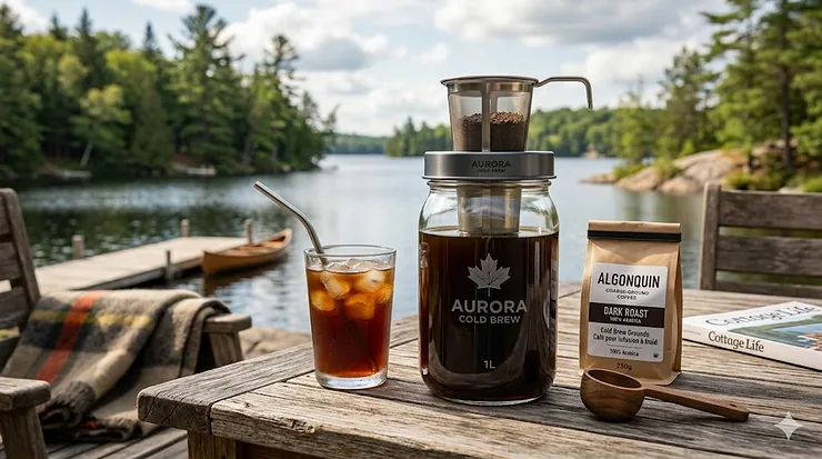 A premium mason jar cold brew kit on a cedar patio table with a scenic Canadian cottage background.