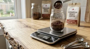 Adding coffee grounds to a large glass mason jar, a popular home brewing method in Canada.