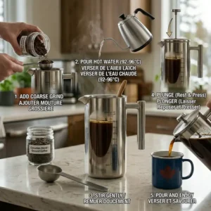 A sleek, photorealistic guide illustrating the full French press brewing process within a modern, well-lit Canadian home environment.