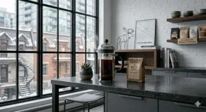 A modern glass French press on a concrete countertop in a stylish Montreal-inspired urban loft.