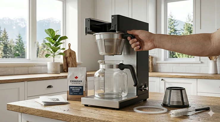 Illustration showing a multi capsule compatible coffee maker accepting different pod formats, including espresso and standard coffee capsules common in Canada.