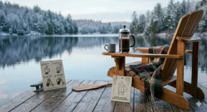 A glass French press sitting on a Muskoka chair on a wooden dock overlooking a calm Canadian lake.