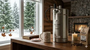 illustration-4: A cozy indoor scene featuring a nitro cold brew maker next to a window with falling snow and a Canadian maple leaf coaster.
